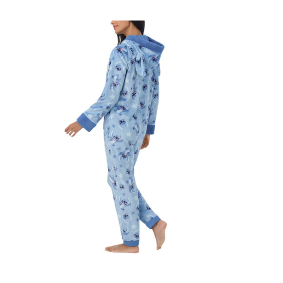 Disney Women’s Stitch Blue Fleece One-Piece Pajamas Medium Hood Plush Cozy - Picture 4 of 4